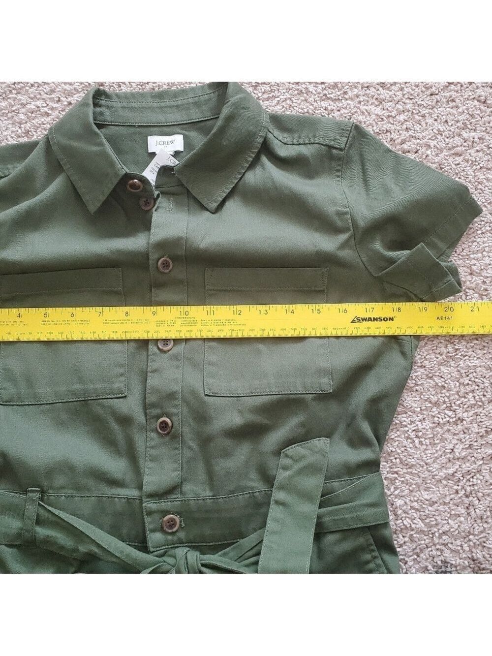 J Crew Full Button Dress Olive Green Tie Waist Cotton Size 6 - Picture 7 of 10